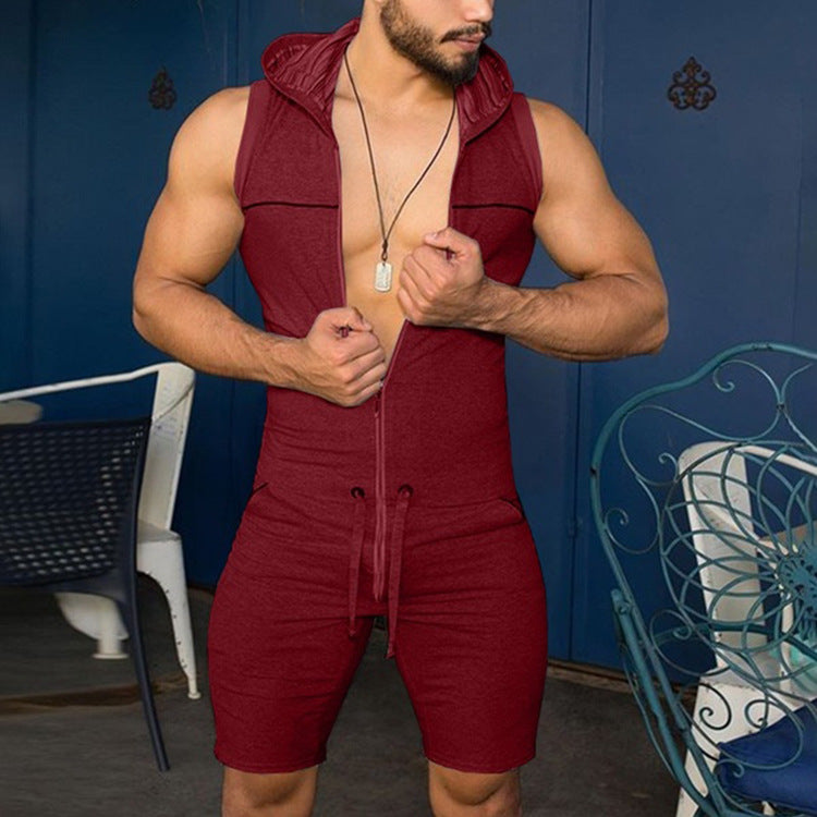 Men's sleeveless hooded overall with full zipper and drawstring StylebySassy