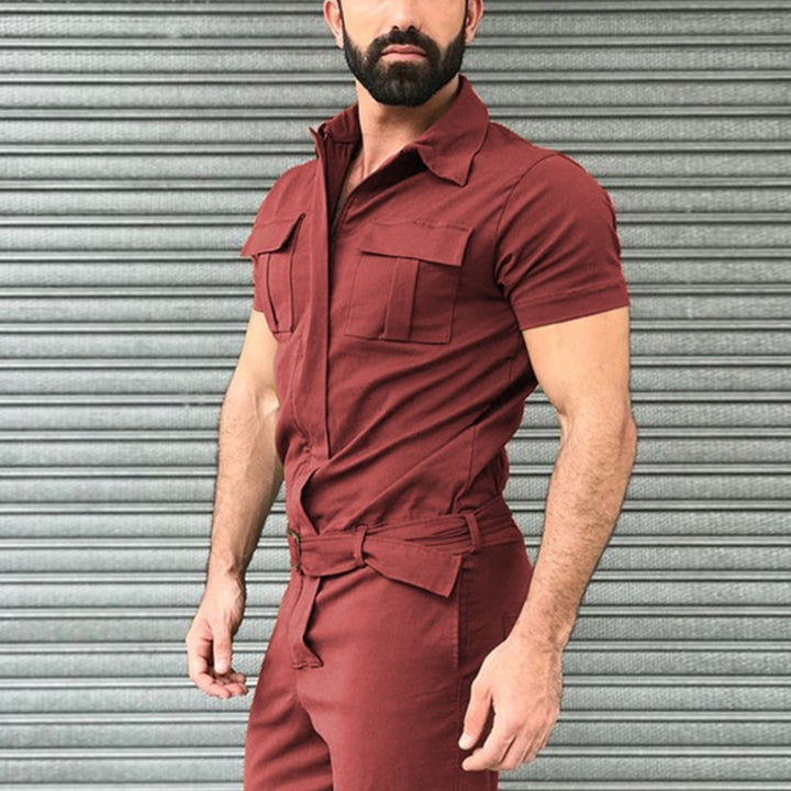 Men's short-sleeve work overall with waist belt and chest pockets StylebySassy