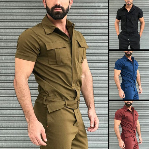 Men's short-sleeve work overall with waist belt and chest pockets StylebySassy
