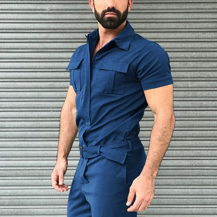 Men's short-sleeve work overall with waist belt and chest pockets StylebySassy