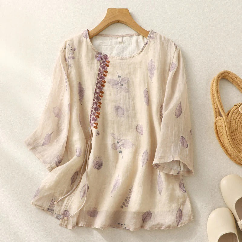 Women's Printed Short Sleeve Blouse with Button Front