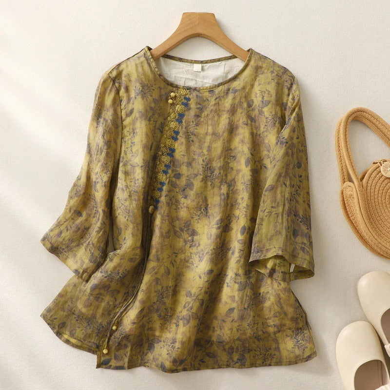 Women's Printed Short Sleeve Blouse with Button Front