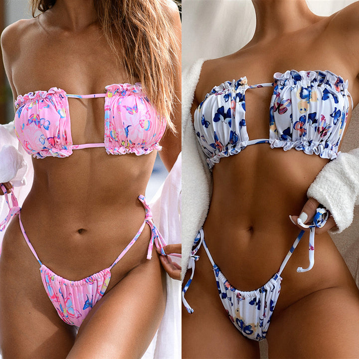Women's bandeau bikini with ruffle details and floral pattern StylebySassy