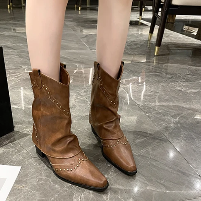 Women's Ankle Boots with Low Heel and Studded Detail