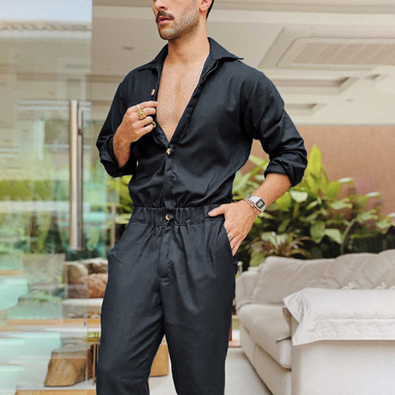 Men's non-utilitarian jumpsuit with shirt collar, elastic waistband, and tapered legs StylebySassy