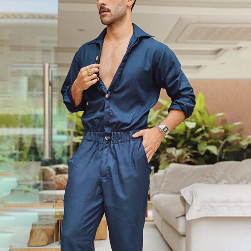 Men's non-utilitarian jumpsuit with shirt collar, elastic waistband, and tapered legs StylebySassy