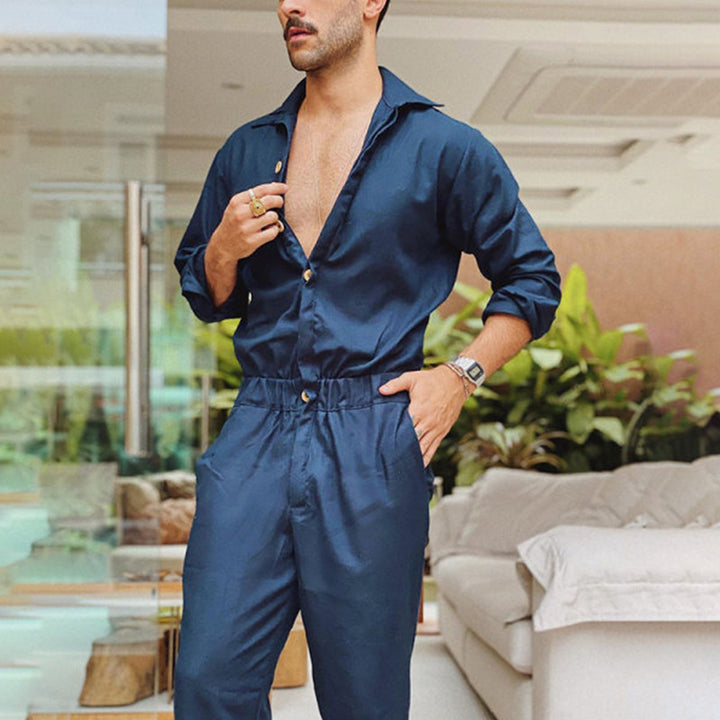 Men's non-utilitarian jumpsuit with shirt collar, elastic waistband, and tapered legs StylebySassy