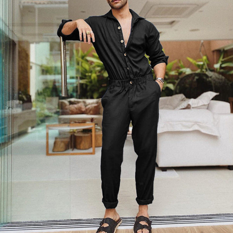 Men's non-utilitarian jumpsuit with shirt collar, elastic waistband, and tapered legs StylebySassy
