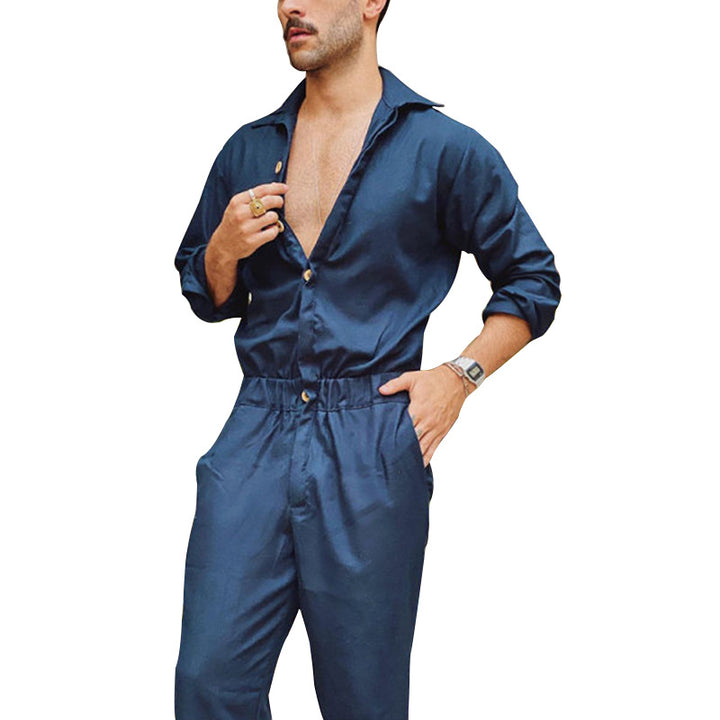 Men's non-utilitarian jumpsuit with shirt collar, elastic waistband, and tapered legs StylebySassy