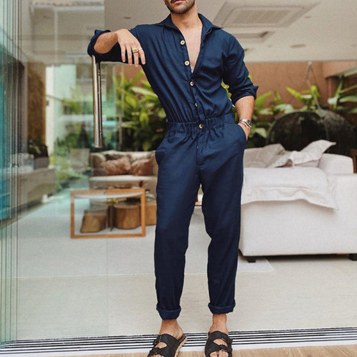 Men's non-utilitarian jumpsuit with shirt collar, elastic waistband, and tapered legs StylebySassy
