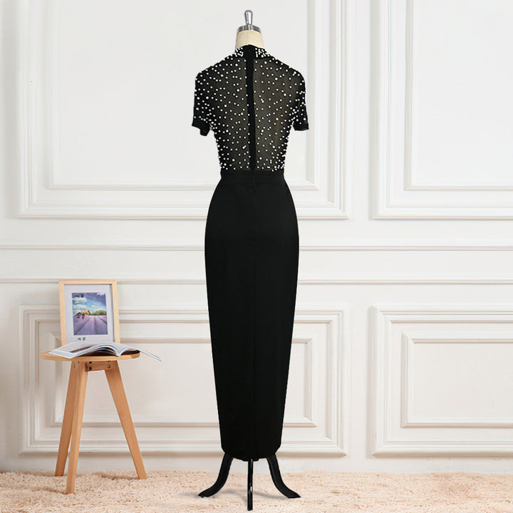 Ladies Elegant Dress with Transparent Puff Sleeves and Pearl Accents StylebySassy