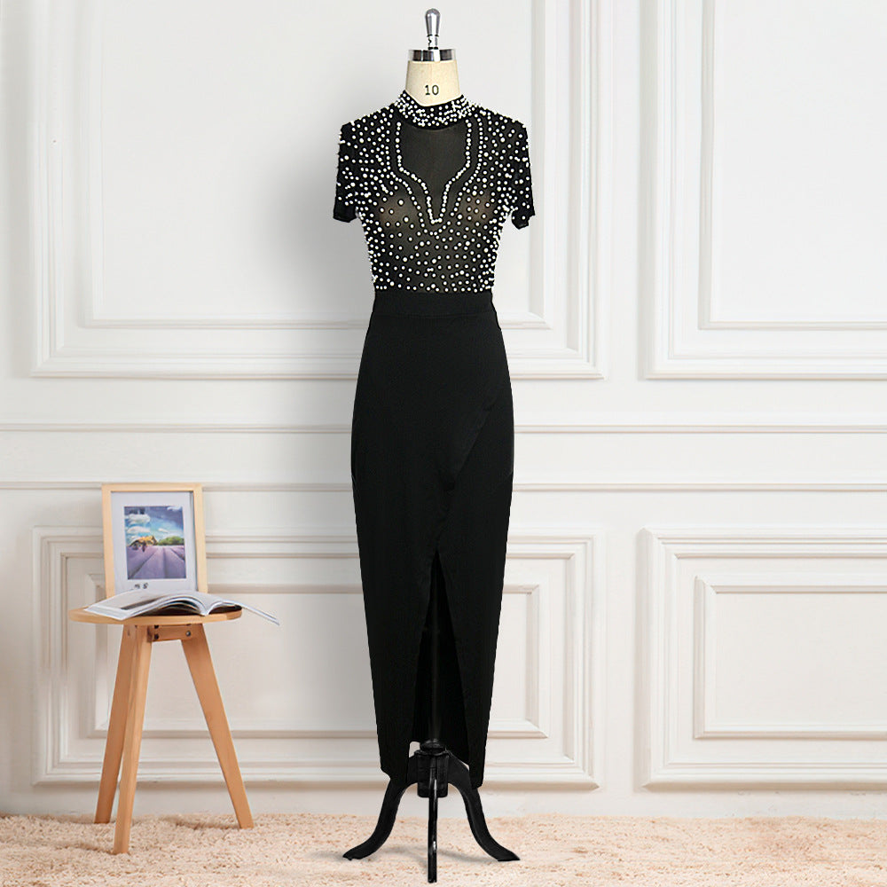Ladies Elegant Dress with Transparent Puff Sleeves and Pearl Accents StylebySassy
