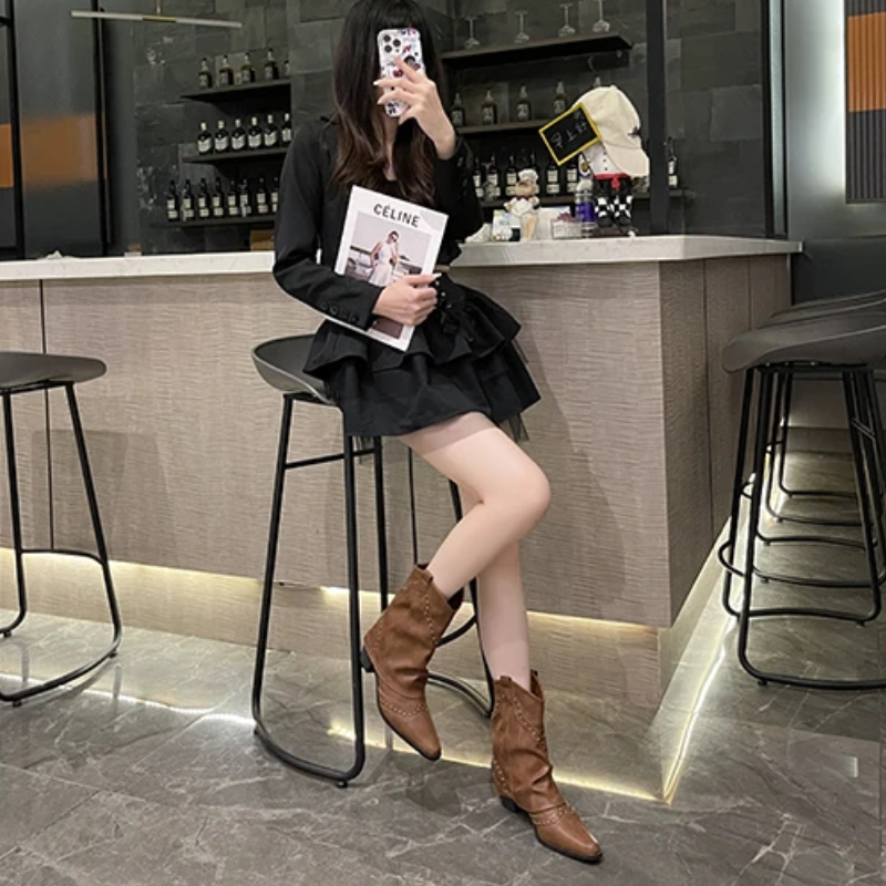 Women's Ankle Boots with Low Heel and Studded Detail