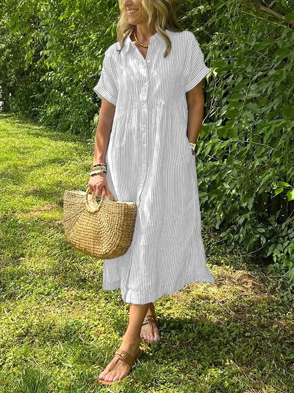 Women's Midi Dress with Button-Up Front and Vertical Stripes