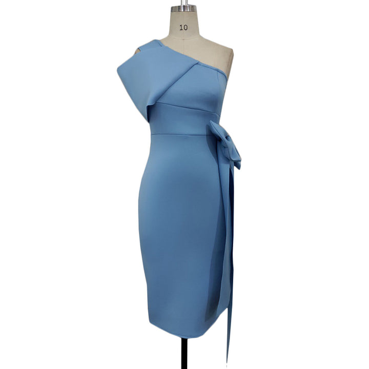 Women figure-hugging evening dress with asymmetric neckline and voluminous bow accent StylebySassy