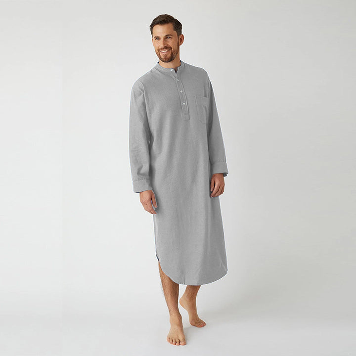 Men's long loose shirt with stand-up collar, chest pocket, and curved hem StylebySassy
