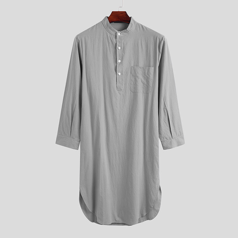 Men's long loose shirt with stand-up collar, chest pocket, and curved hem StylebySassy