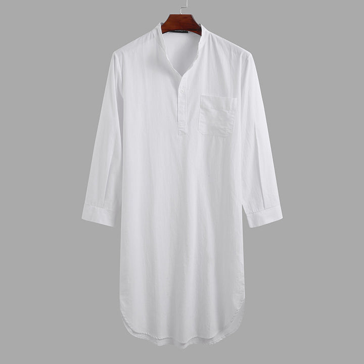 Men's long loose shirt with stand-up collar, chest pocket, and curved hem StylebySassy
