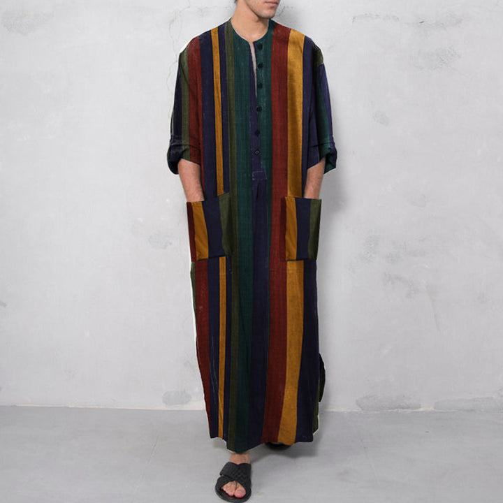 Women’s loose maxi linen dress with full button placket, round neckline, and patch pockets StylebySassy