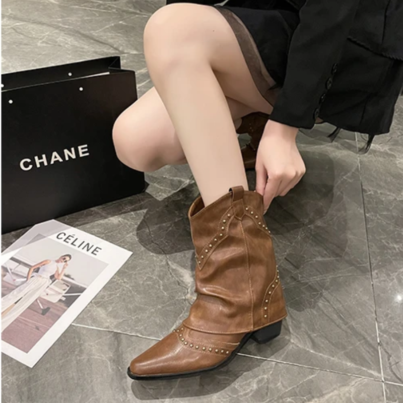 Women's Ankle Boots with Low Heel and Studded Detail