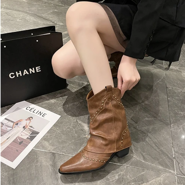 Women's Ankle Boots with Low Heel and Studded Detail