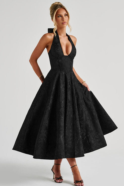Women's Halter Neck Dress with Deep V-Front and Flared Skirt