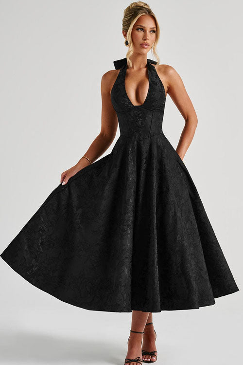 Women's Halter Neck Dress with Deep V-Front and Flared Skirt