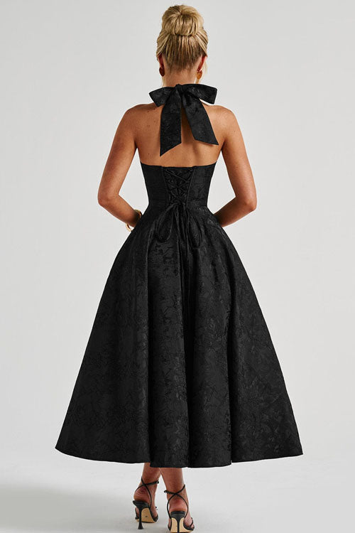 Women's Halter Neck Dress with Deep V-Front and Flared Skirt
