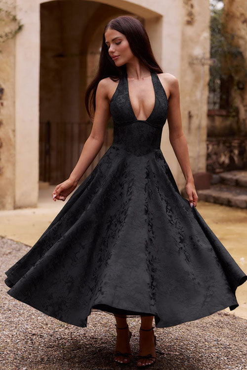 Women's Halter Neck Dress with Deep V-Front and Flared Skirt