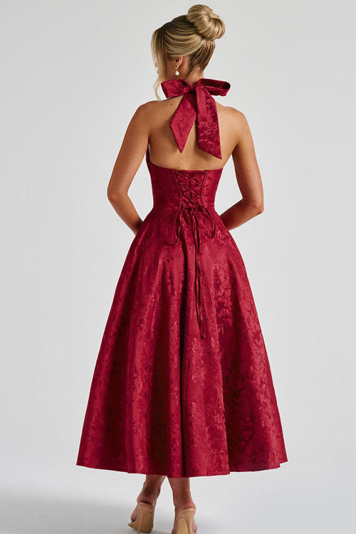 Women's Halter Neck Dress with Deep V-Front and Flared Skirt