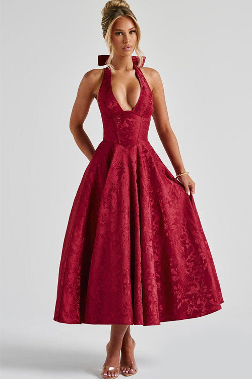 Women's Halter Neck Dress with Deep V-Front and Flared Skirt