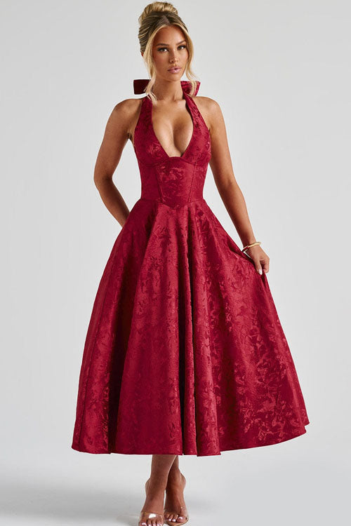 Women's Halter Neck Dress with Deep V-Front and Flared Skirt