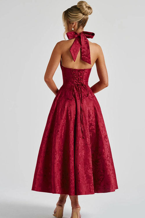 Women's Halter Neck Dress with Deep V-Front and Flared Skirt