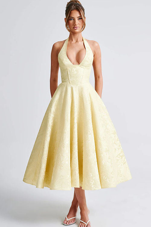 Women's Halter Neck Dress with Deep V-Front and Flared Skirt