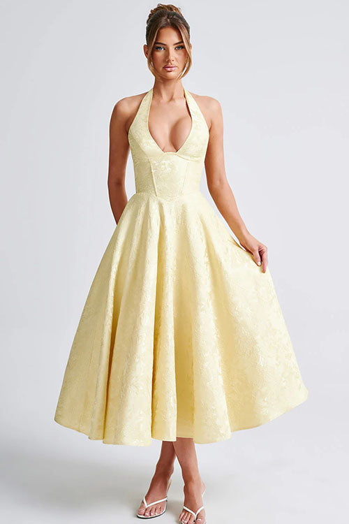 Women's Halter Neck Dress with Deep V-Front and Flared Skirt