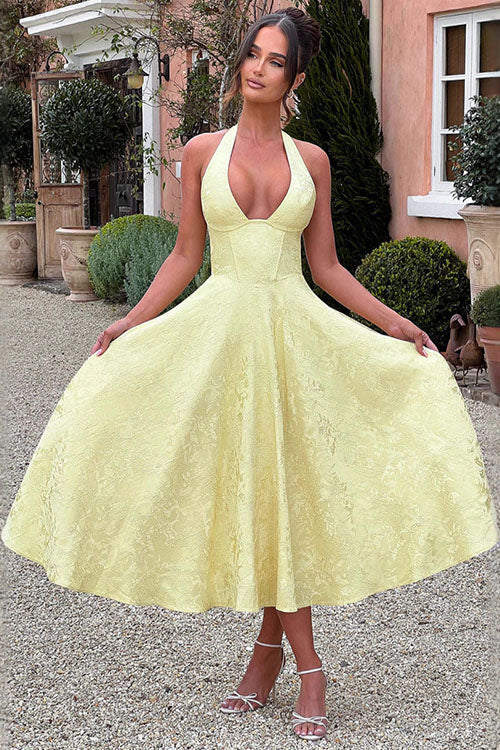 Women's Halter Neck Dress with Deep V-Front and Flared Skirt