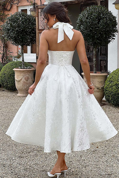 Women's Halter Neck Dress with Deep V-Front and Flared Skirt