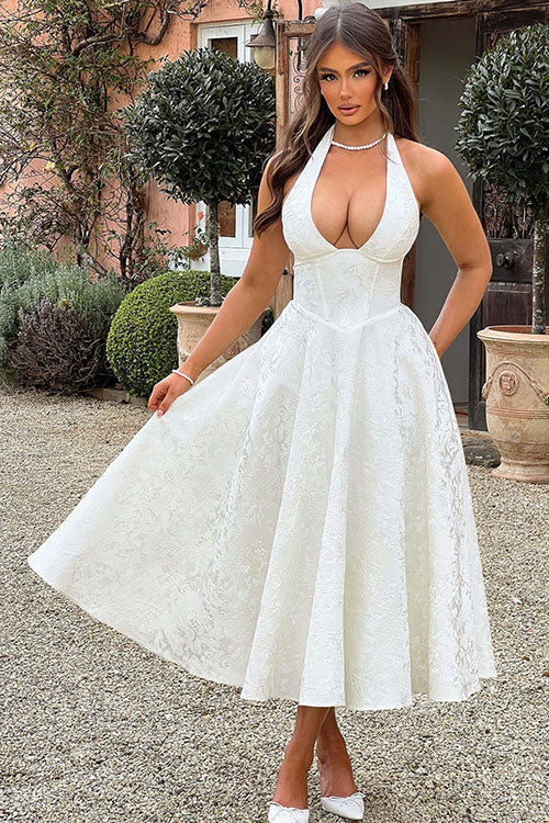 Women's Halter Neck Dress with Deep V-Front and Flared Skirt