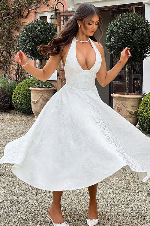 Women's Halter Neck Dress with Deep V-Front and Flared Skirt