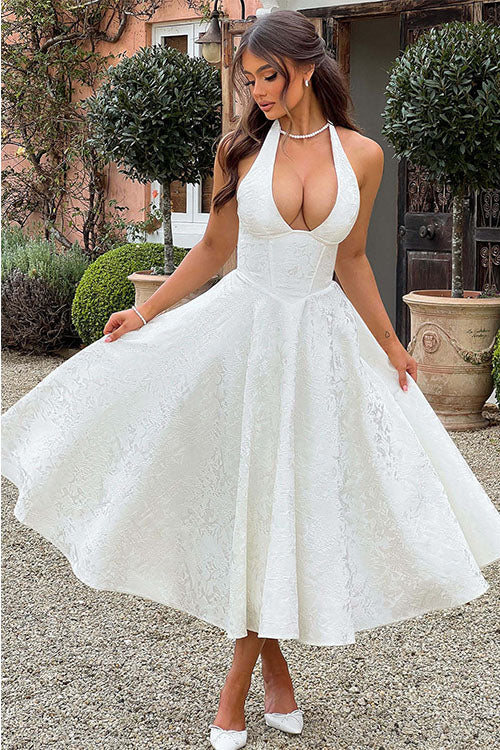Women's Halter Neck Dress with Deep V-Front and Flared Skirt