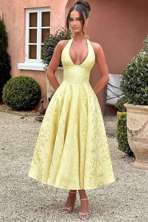 Women's Halter Neck Dress with Deep V-Front and Flared Skirt