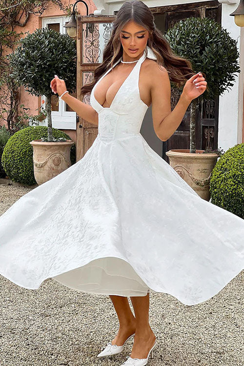 Women's Halter Neck Dress with Deep V-Front and Flared Skirt