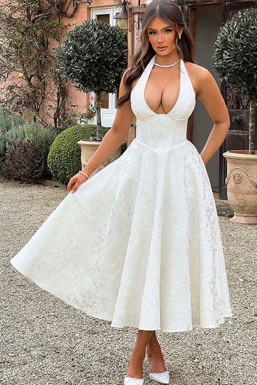 Women's Halter Neck Dress with Deep V-Front and Flared Skirt