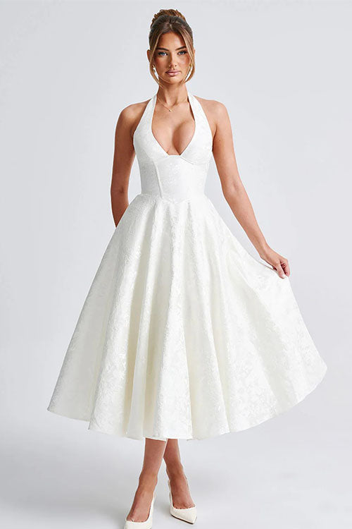 Women's Halter Neck Dress with Deep V-Front and Flared Skirt