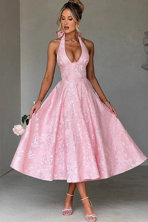 Women's Halter Neck Dress with Deep V-Front and Flared Skirt