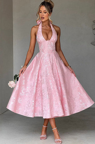 Women's Halter Neck Dress with Deep V-Front and Flared Skirt