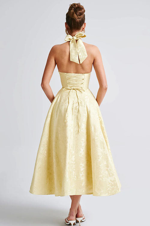 Women's Halter Neck Dress with Deep V-Front and Flared Skirt