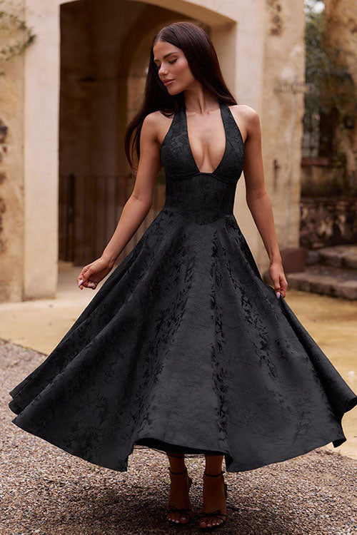 Women's Halter Neck Dress with Deep V-Front and Flared Skirt
