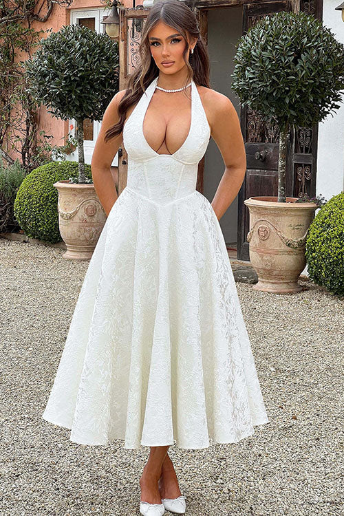 Women's Halter Neck Dress with Deep V-Front and Flared Skirt
