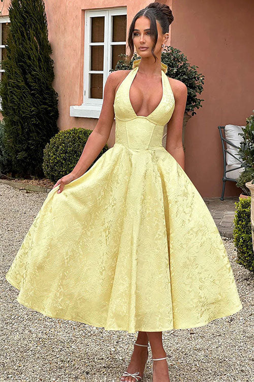 Women's Halter Neck Dress with Deep V-Front and Flared Skirt